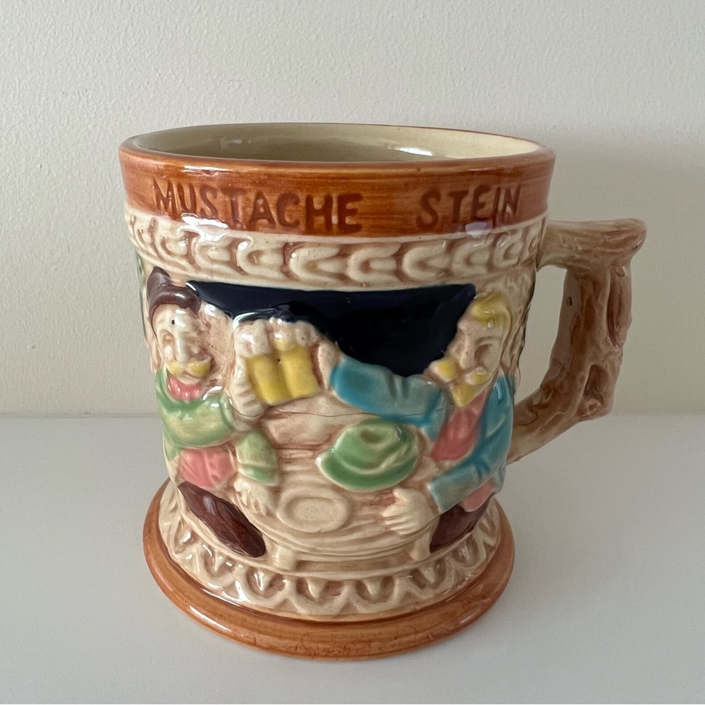 Vintage Mustache Stein Ceramic Beer Mug Tavern Scene – Excellent Condition